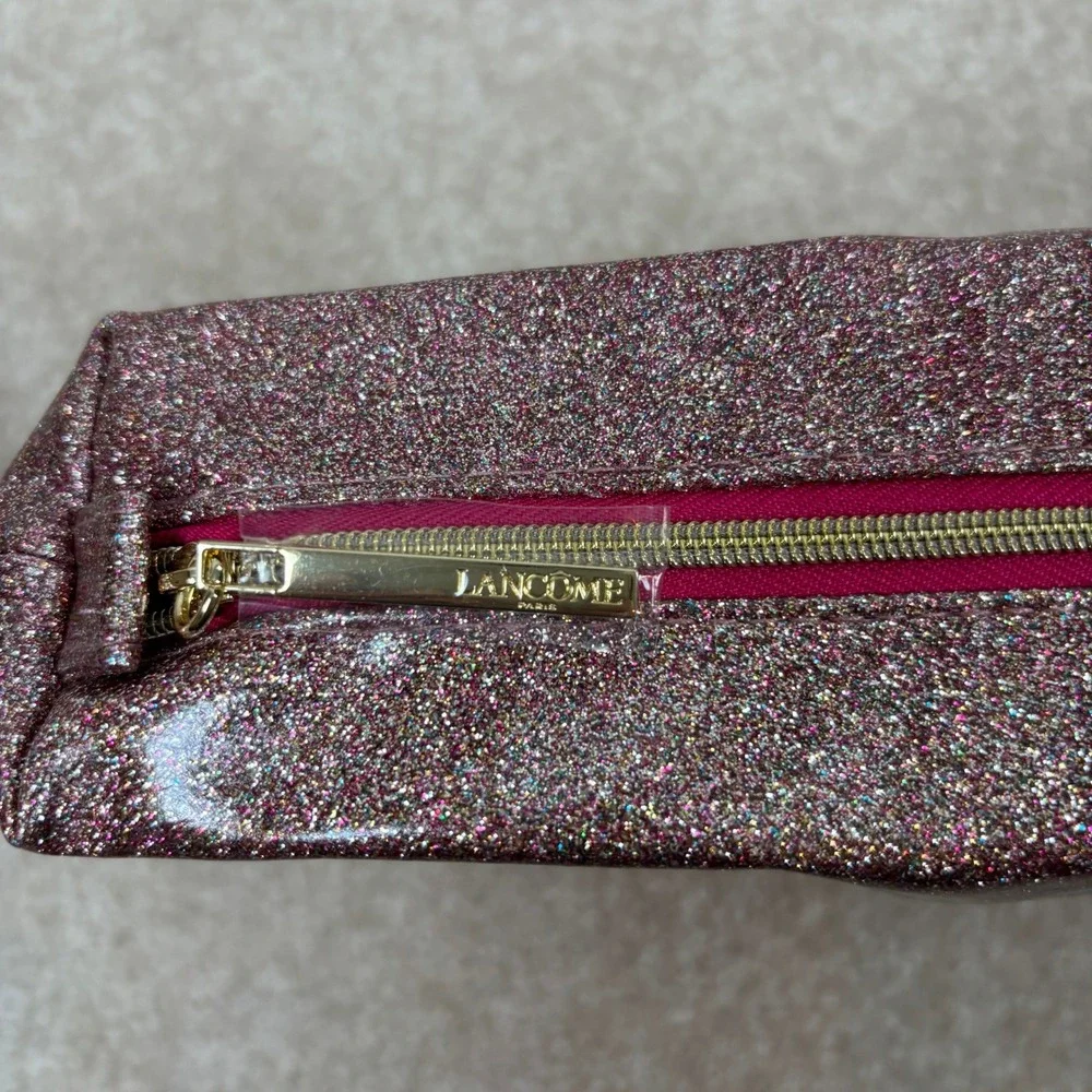 Lancome Glitter Cosmetic Bag Pouch Pink Rose Gold Zipper Makeup Organizer Travel